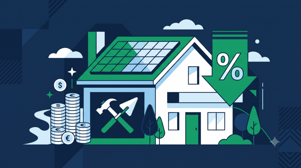 Illustrazione di una casa con pannelli solari ed etichetta di risparmio energetico, simbolo del bonus casa 2026 ecobonus e sismabonus