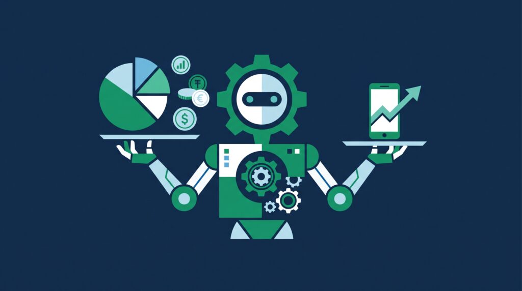 Illustrazione di un robo-advisor 2026: algoritmo che gestisce un portafoglio di investimenti da smartphone
