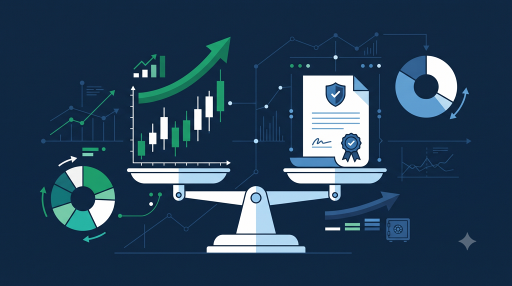 Illustrazione di una bilancia che confronta un grafico azionario e un certificato obbligazionario, simbolo del mix tra ETF azionari e obbligazionari
