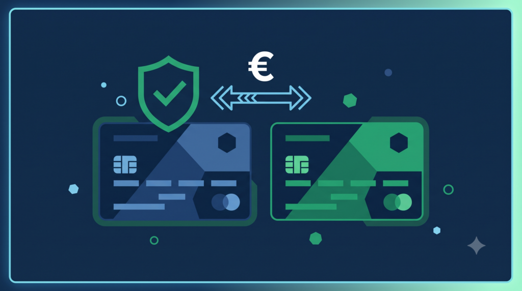 Illustrazione di due carte di pagamento a confronto con scudo di sicurezza e simbolo euro, carta prepagata con IBAN o conto corrente