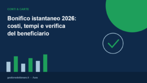Illustrazione flat design su sfondo blu navy con grafico a barre e segno di spunta verde, tema bonifico istantaneo 2026