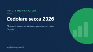 Copertina Cedolare secca 2026: illustrazione flat blu navy e verde con grafico a barre crescente