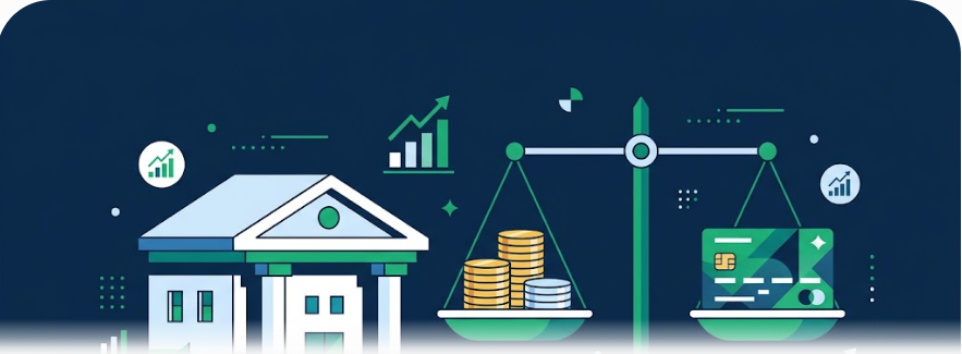 Illustrazione stilizzata di una bilancia in equilibrio tra monete e carta di pagamento davanti a un edificio bancario, con icone di grafici in crescita, a rappresentare il confronto dei costi di un conto corrente