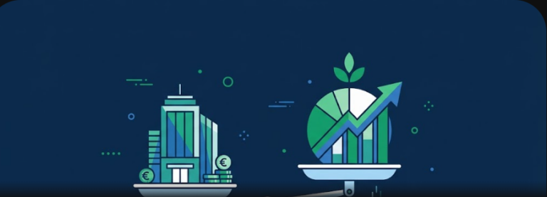 Illustrazione flat design che rappresenta la scelta tra TFR lasciato in azienda e TFR versato al fondo pensione, con un edificio aziendale stilizzato e un grafico di crescita previdenziale in blu navy e verde smeraldo