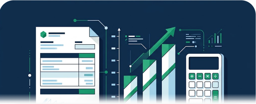 Illustrazione stilizzata sulle nuove aliquote IRPEF 2026: busta paga, grafico di crescita e calcolatrice in stile flat design blu e verde