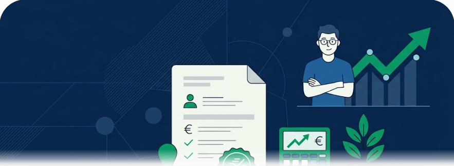 Illustrazione stilizzata su regime forfettario e apertura di partita IVA: documenti, calcolatrice e grafico di crescita in stile flat design blu e verde