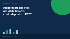 Illustrazione flat design con grafico a barre e cerchio verde su sfondo blu navy, tema risparmio per i figli