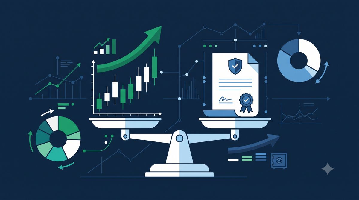 Illustrazione di una bilancia che confronta un grafico azionario e un certificato obbligazionario, simbolo del mix tra ETF azionari e obbligazionari