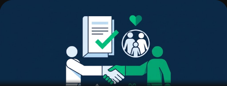 Illustrazione stilizzata di una stretta di mano, un registro con segno di spunta e un'icona di comunità, a rappresentare l'iscrizione al RUNTS per le associazioni di volontariato