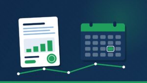 Illustrazione piatta di un buono fruttifero postale con grafico crescente accanto a un calendario con una data evidenziata