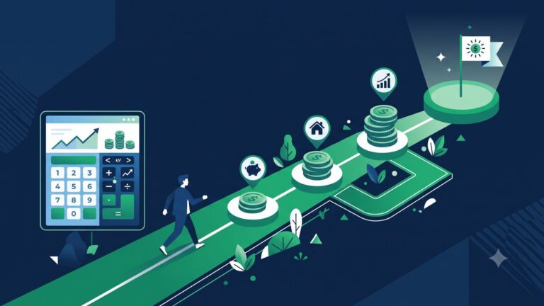 Illustrazione piatta con calcolatrice e percorso verso un obiettivo, in blu navy e verde